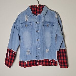 “Denim Jacket Hoodie Plaid Flannel Distressed – Size M”
